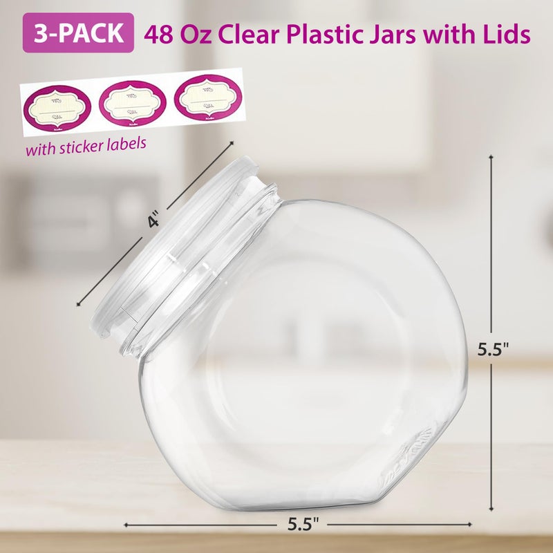DilaBee 3 Pack Plastic Candy Jar - 48oz Round Candy Jars with Lids for Candy Buffet, Kitchen & Office Desk - Plastic Jars with Lids for Candy, Cookies & Snacks - Clear Jar with Labels BPA-Free - Image 1